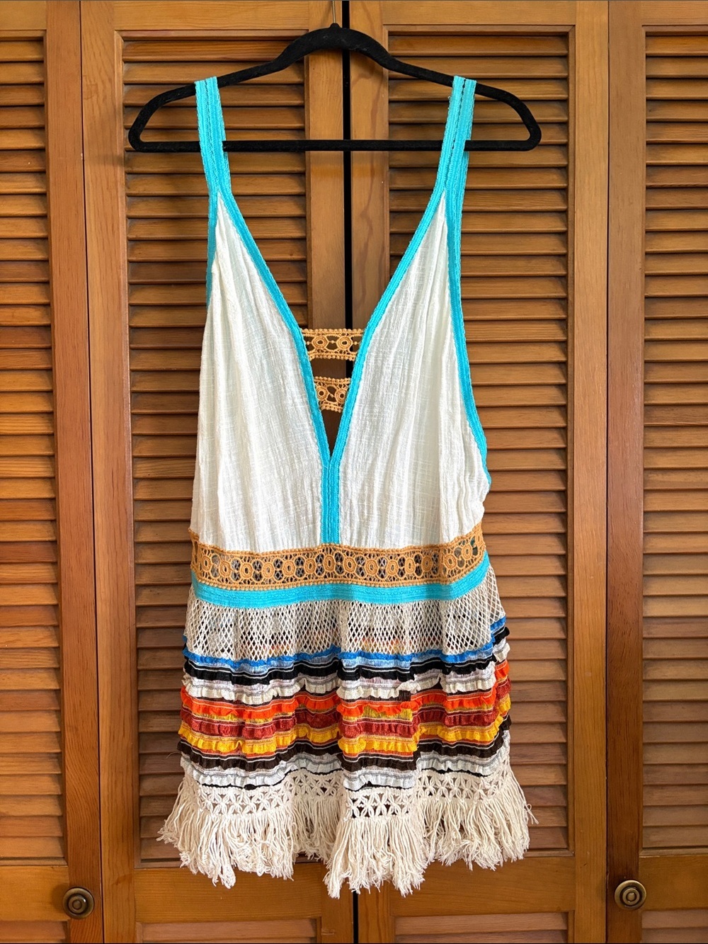 Boho Crochet Fringe Swim Cover-Up in White and Turquoise